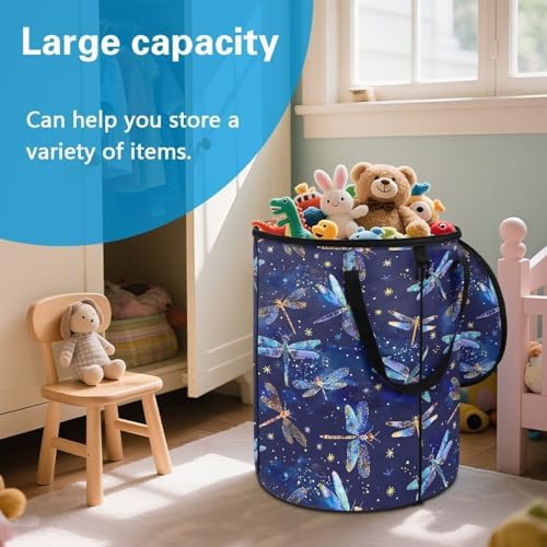Blue Dragonflies Collapsible Outdoor Camping Trash Can Lawn Garden Leaf Bin Waster Bag with Lid and Handles 24 Gallon Large Capacity Foldable Yard Waster Bag