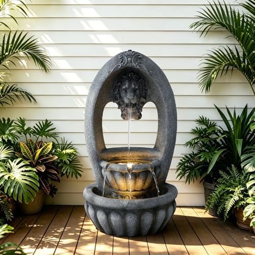 31.1" H Lion Head Fountain, 3-Tier Outdoor Water Fountain with LED Light