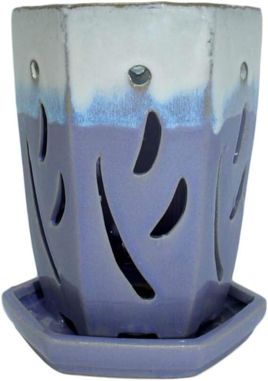 rePotme 4 x 6 inch Ceramic Orchid Pot (Cream Over Lavender) - Hexagon Orchid Pot with Holes