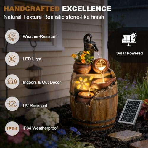 29" H Solar Water Fountain Outdoor, Rustic Barrel Cascading Fountain with Antique Pump, Built-in Planter & Warm LED Lights for Garden, Patio and Backyard