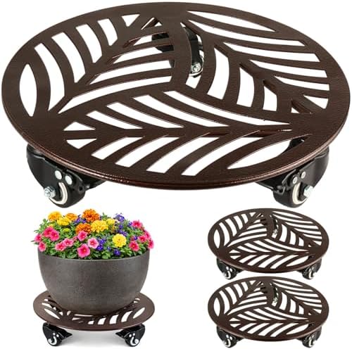 3-Pack Large Metal Plant Caddy with 3 Wheels 12 Inches Heavy-duty Rolling Plant Stands with Casters Wheeled Flower Pot Mover Rollers Rust-proof Iron Planter Dolly Coasters for Indoor Outdoor Use