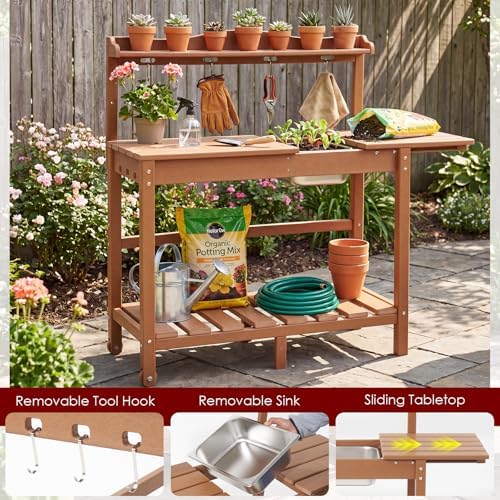 HDPE Outdoor Potting Bench with Sliding Tabletop & Removable Sink