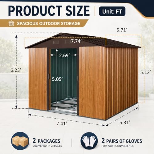 8 x 6 FT Outdoor Storage Shed, Metal Garden Shed with Floor Frame, Tool Shed Outdoor Storage with Lockable Sliding Doors & Air Vents, Storage House Waterproof for Backyard, Lawn, Coffee