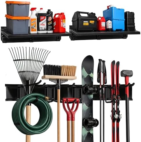 Garage Tool Organizer Wall Mount 96", 2 Shelves & 6 Double Hooks