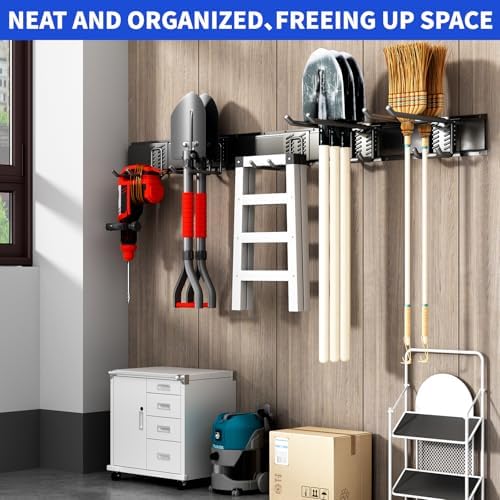 Garage Tool Organizer Wall Mount, 48 Inch Heavy Duty Garden Tool Organizer Storage System, Easy Install with 7 Adjustable Hooks, for Garage, Basement, Shed, Workshop, Black, Steel