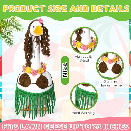 Abbylike Summer Bikini Porch Goose Outfit Hawaiian Crochet Goose Clothes with Wigs Necklace Bikini and Grass Skirt Fit for 23" Statue for Summer Hula Party Yard Lawn Outdoor Decor