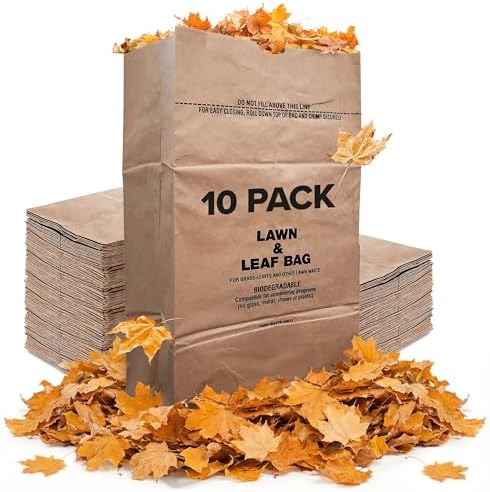 30 Gallon Kraft Lawn and Leaf Bags (10 Pack) Eco-Friendly Heavy Duty Large Paper Trash Bags, Tear Resistant Yard Waste Bags for Grass Clippings, Wet and Dry Leaves, Weeds, Twigs