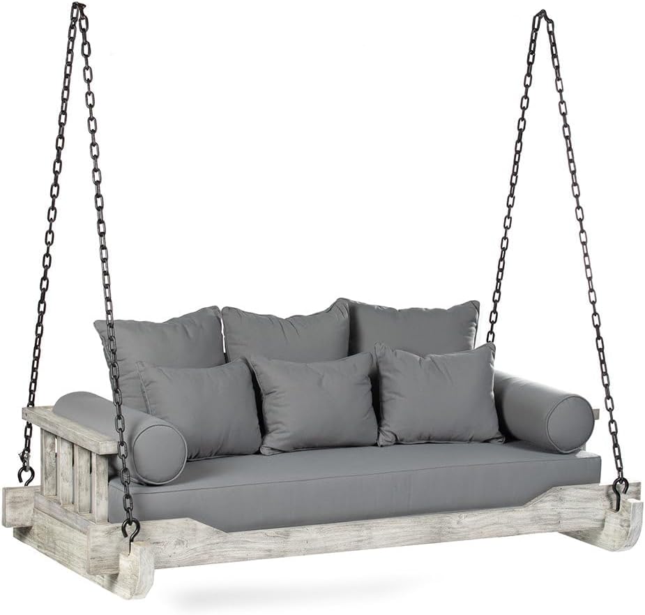 Ash & Ember Grade A Teak Twin Sized Porch Swing with Chain, 75" Wide Antique Finish Teak Wood Bed Frame with Grey Cushions, Weather-Resistant Backyard Benches Swings and Patio Furniture