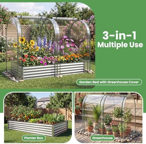 Giantex Galvanized Raised Garden Bed with Greenhouse Cover, 7x3x5 FT