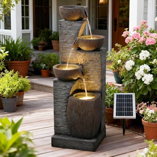 38.2" Outdoor Solar Water Fountain 4 Tiers Stone Texture Modern Fountains