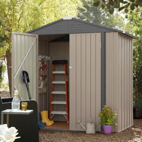 JUMMICO Metal Outdoor Storage Shed 8 x 6 FT Metal Shed with Lockable Door,Waterproof Garden Tool Shed Storage House for Backyard Patio Lawn,Brown