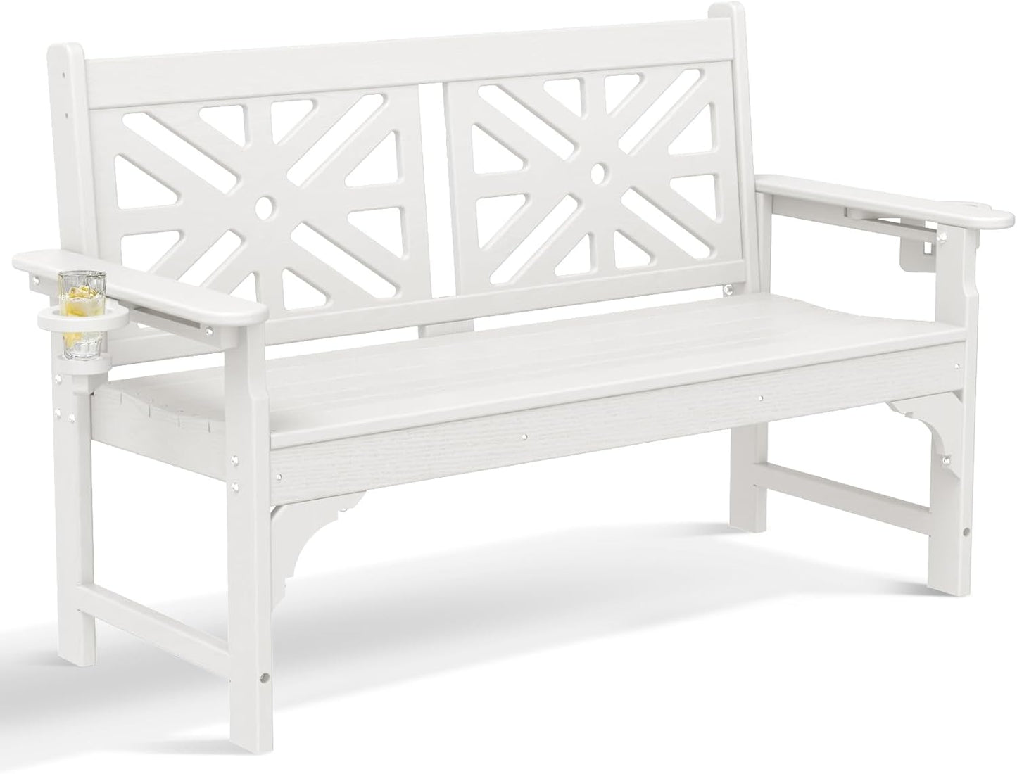 nalone Outdoor Bench with Cup Holders, HDPE All Weather Porch Bench Load up to 800 Lbs, 2-Person Garden Benches Rot-Proof Fade Proof for Patio, Porch, and Park (White)