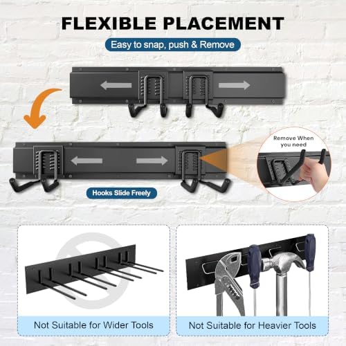 Garage Tool Organizer Wall Mount, 80 Inch Heavy Duty Garage Storage Rack, Up to 440 LB Capacity, 10 Adjustable Hooks & 5 Racks, Garden Tool Organizer for Shovels, Rakes & Brooms