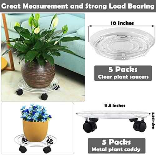 5 Packs Metal Plant Caddy with Locking Wheels 11.8 Inches Heavy-duty Wrought Iron Rolling Plant Stands with Casters Plant Dolly Plant Roller Base for Indoor and Outdoor Plant Pot Movers Saucers White