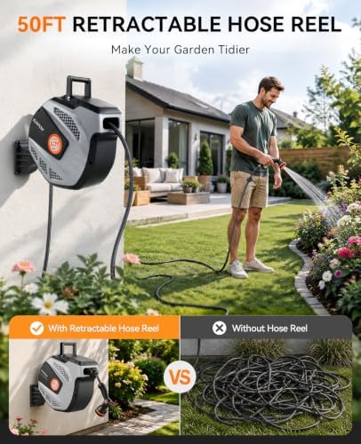 SUNPOW Retractable Garden Hose Reel - 1/2 inch x 50ft Heavy Duty Wall Mounted Hose Reel with 3/4 inch Brass Fitting & 10 Sprayer Nozzle - Any Length Lock, Auto Rewind System, 180°Swivel Bracket- Grey