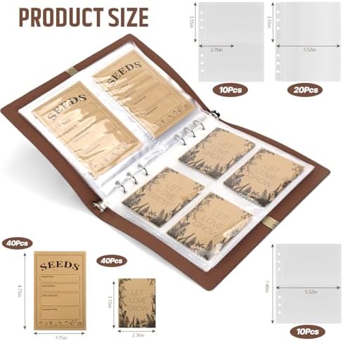 Seed Storage Organizer, Seed Packet Organizer Binder with 80Pcs Garden Seeds Storage Envelopes and 40 Clear Pocket Sheet Protectors for Protecting Vegetable Seeds (Brown, 9.1 x 6.5inch)