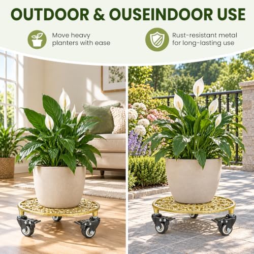 2 Pack 11" Heavy Duty Round Metal Plant Caddy with Wheels, Gold