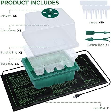 7-Pack Seed Starter Tray with Heat Mat (12 Cells per Tray), Plant Germination Trays with Adjustable Humidity Dome Seed Trays Seedling Starter with Base Trays for Germination
