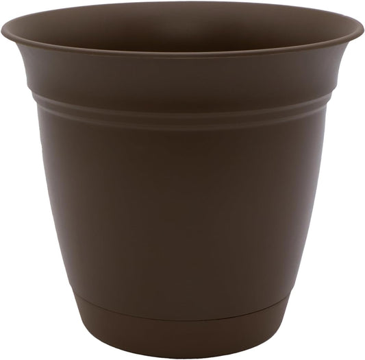 The HC Companies Eclipse Round Planter with Saucer - Outdoor & Indoor Plant Pot with Drainage Holes - Lightweight, UV-Resistant Plastic Pots for Plants, Flowers & Herbs (10" Chocolate, Pack of 1)