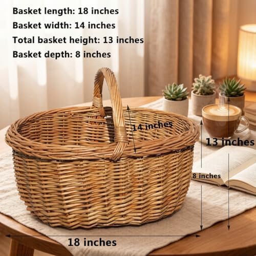 Large Oval Wicker Picnic Basket with Sturdy Handle - 18x14x13 Inch Handwoven Willow Storage Basket for Picnic, Camping, Home Organization, Fruit and Vegetable Serving