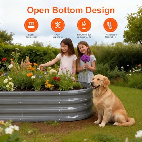Rakukiri Raised Garden Bed Outdoor, GRS Certified Recycled Metal Planter Box 2 Sets, 4FT Galvanized Oval Herb Garden Kit, Bottomless Large Garden Beds for Vegetables Flowers, Rust-Resistant Gray