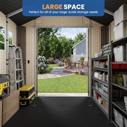 Amopatio 8x6 FT Outdoor Storage Shed with Floor, HDPE Resin Shed with Lockable Door, Window & Vents, for Bike, Garden Tools, Pool Supplies, Khaki