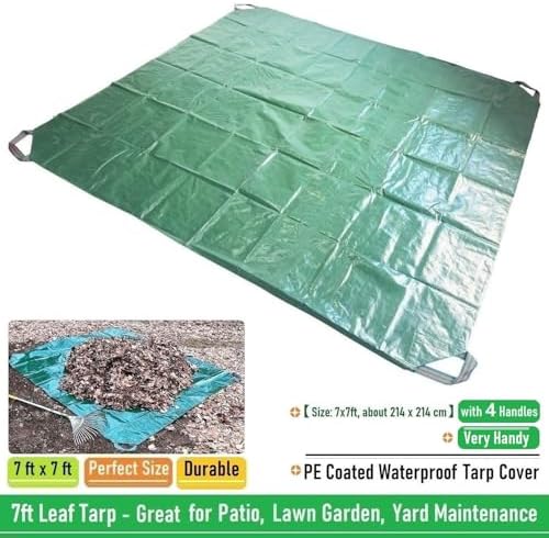 7x7 Ft Yard Garden Leaf Tarp W/ 4 Handles Waterproof Tarp for Sandbox Cover,Outdoor Tarpaulin,Lawn Debris,Landscape Pruning,Leaf Hauler,Tent Footprint,Camping Tent Mat,Patio Table,Yard Fire Pit Cover