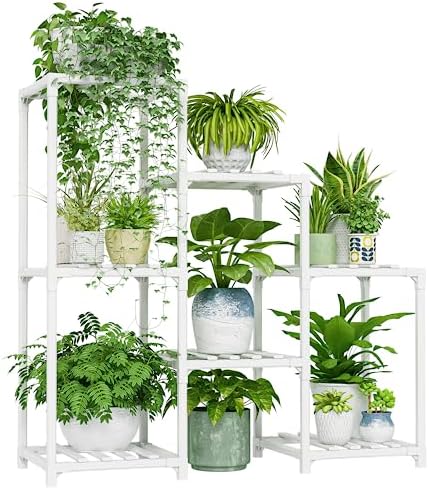 Bamworld Indoor Plant Stand Outdoor White Shelf Bamboo Plant Table for Multiple Plants 3 Tiers 7 Pots Ladder Holder Pot Window Garden Balcony Living Room