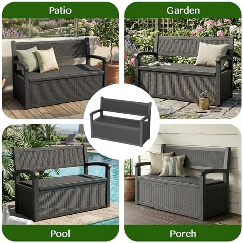 100-Gallon Lockable Outdoor Storage Bench, Waterproof Outdoor Deck Storage Box, Resin Patio Deck Bench with Rattan Texture & Hidden Storage, All-Weather Deck Box for Patio, Black