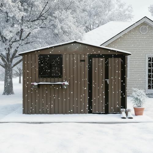 10x8 FT Metal Garden Tool Shed for Backyard Patio with Windows, Brown