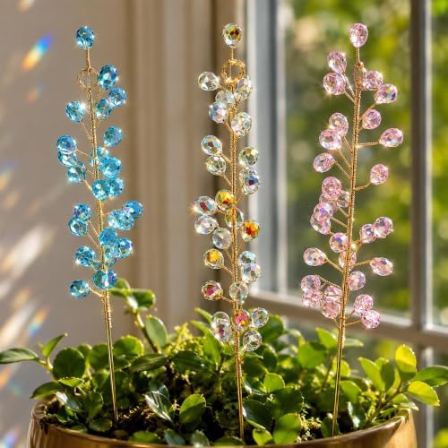 3 Pcs Beaded Crystal Plant Suncatcher Stake for Potted Plants Patio Decor
