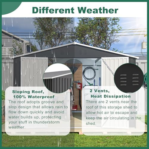 Storage Shed 10x12 FT, Large Metal Tool Shed for Outdoor Storage, Galvanized Steel Garden Shed with Lockable Doors for Patio, Backyard, Lawn, Black