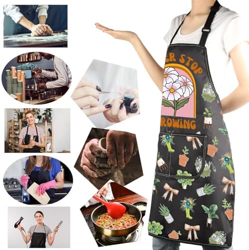 MBMSO Plant Themed Apron with Pockets Never Stop Growing Gifts for Plant Lover Garden Planting Apron for Gardener Lady Gifts
