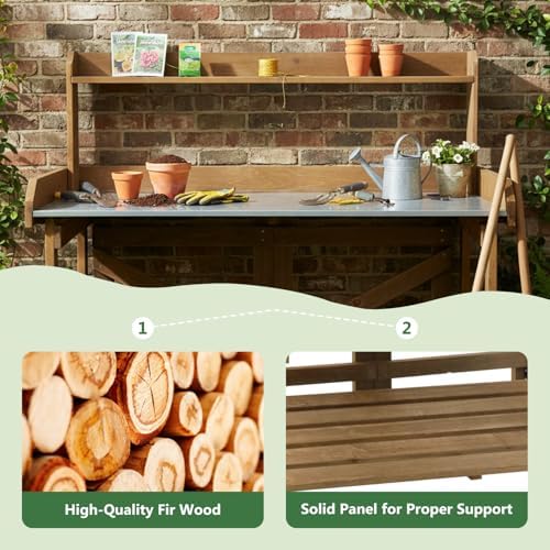 Garden Potting Bench Table Wooden Horticulture Outdoor Planting Work Bench with Metal Tabletop/Hooks/2 Large Open Shelf(34.8" LX 18" W X 46.6" H)