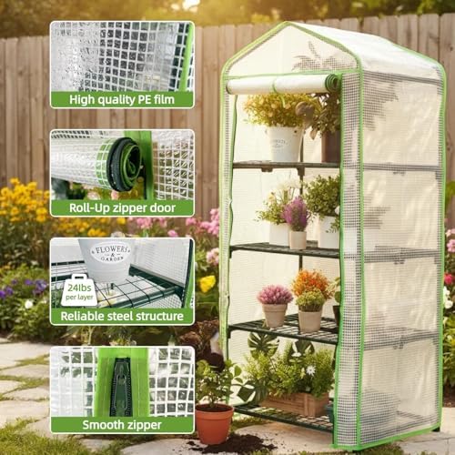 4-Tier Mini Greenhouse Shelves with White PE Cover
