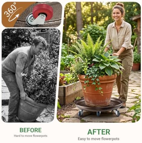 Briwooody 1 Pcs 19.7 Inch Large Round Plant Saucer with Lockable Wheels Flower Plant Trays Heavy Duty Round Water Catcher Easy to Move for Pots Indoors Outdoor Garden (Copper Gold)