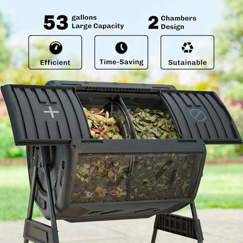 Outdoor Dual Chamber Compost Tumbler – 37" Rotating Compost Bin with Metal Base, UV-Resistant, Easy Assembly, Gardening Kit with Gloves & Tools (Black)