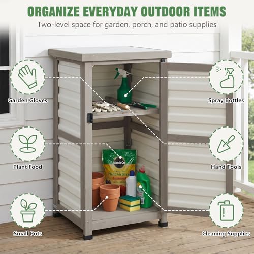 Outdoor Storage Cabinet, 33.5" H Compact Patio Storage Cabinet with Plastic Door Panels, Wood-Style Frame, 2-Tier Outdoor Organizer for Porch, Balcony, Backyard, Garden Supplies, Gray & White