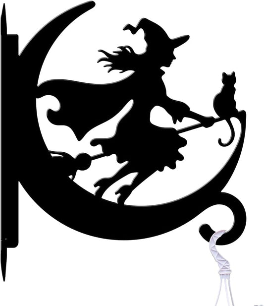 peacoblue Iron Plant Hangers Hooks for Outdoor Indoor Hanging Plants Flower Fern Pots Lantern Bird Feeder,11.6"x13.6" Weather Resistant Metal Wall Holder for Porch Garden Farmhouse(Witch and Cat)