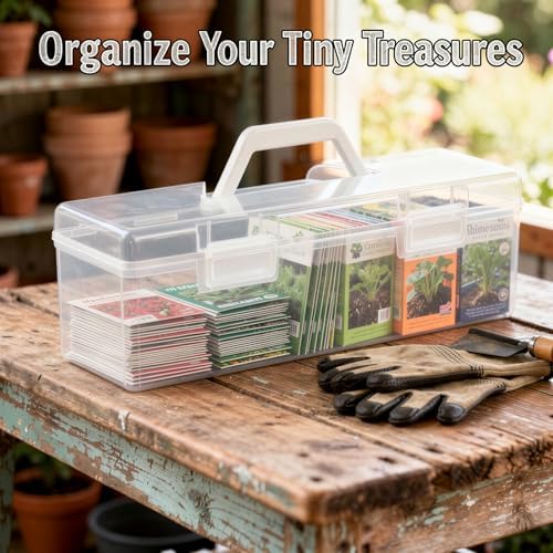 Seed Storage Organizer Box, Clear Plastic with Handle, 200 Seed Envelopes, 50 Fruit Vegetable Stickers, Portable Container for Plant Flower Vegetable Garden Lovers Gift