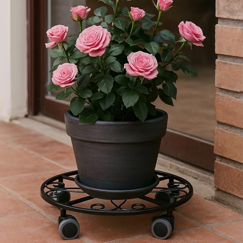 3 Pack Plant Caddy with Wheels & Saucers, Heavy Duty 13.5 Inch Metal Plant Stand with Wheels, Plant Dolly Rolling Plant Stand Plant Roller with Casters for Indoor and Outdoor, Black