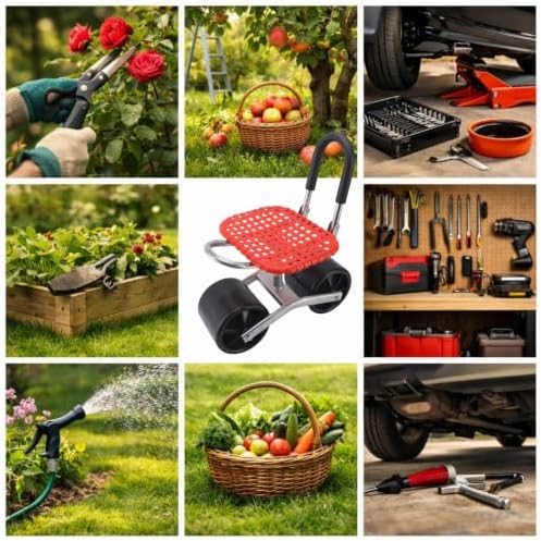360° Swivel Garden Rolling Seat with Wheels, Red Adjustable Height