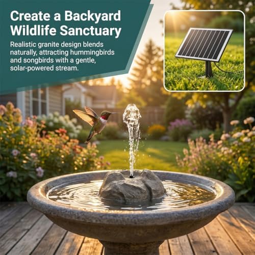 Solar Fountain for Bird Bath Outdoor Garden, Solar Powered Water Fountain Pump with 10 Nozzles, Resin Granite Rock Birdbath Bubbler for Small Pond, Hummingbird Bath, Patio Decor (Gray)