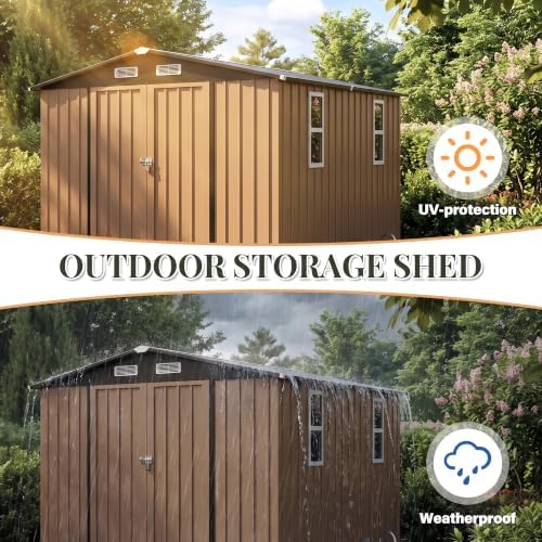 LAUSAINT HOME 10 x 10 FT Outdoor Storage Shed with Windows, Heavy Duty Galvanized Steel Storage Shed with Double Lockable Doors, Gable Roof & Air Vent for Backyard, Brown