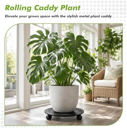 Planterhoma 2 Packs 15 Inch Rolling Plant Stand with Wheels Metal Plant Caddy with Wheels Heavy Duty Plant Rollers with Metal Wheels Round Wrought Iron Plant Stand with Tropical Leaf