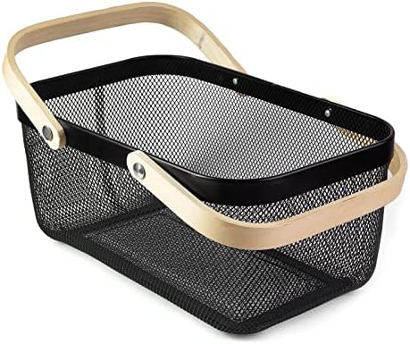 Portable Garden Harvest Basket-Mesh Design Natural Bamboo Handle Wire Storage Baskets,Mesh Basket with Handle Organize Items Reduce Space Occupation,Suitable for Kitchen,Garden,Picnic(Black)