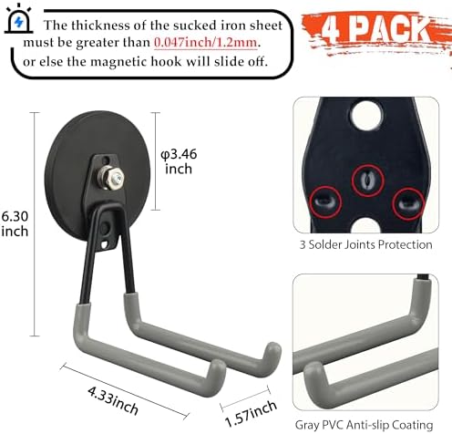 Uni-Mag Magnetic Hooks,Heavy Duty Magnet Hooks,Large Manget with Hooks for Metal Cabinet Pegboard Garage Shelve Cart,4 Pack Tool Hook for Hammer Drill,Garden Tool(3.46inch/Silver)