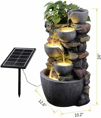 24'' Stacked Rock Solar Powered Water Fountain, Outdoor DIY Planter Pot Waterfall Fountain with LED Lights, Water Feature Landscape Decor for Garden, Patio, Backyard, Home Decoration