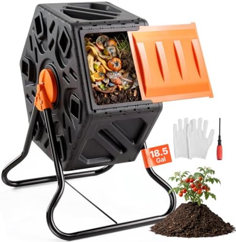 VEVOR Compost Bin, 18.5-Gal Small Composting Tumbler, Compact Single Rotating Chamber with Sliding Door and Steel Frame, BPA Free Composter Bin Tumbler for Garden, Kitchen, Yard, Outdoor