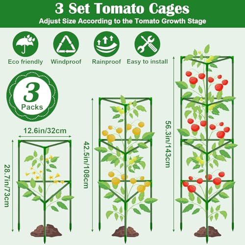 3 Packs Fiberglass Tomato Cages for Garden, 56 Inch Tall Tomato Plant Support, Adjustable Tomatoes Stakes Plant Climbing Trellis for Garden Vegetables Fruits, Tomatoes Support Cages with Clips